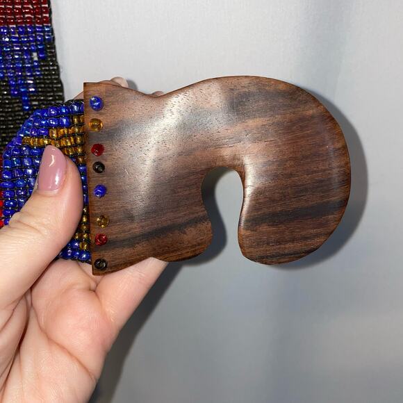 Beaded Belt Blue Yellow Red Handmade Wooden Buckle Vintage VTG Tribal - Picture 6 of 8